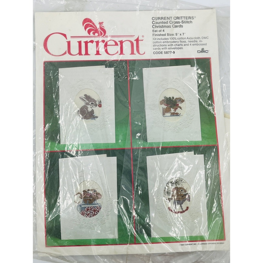 1986 Current Critters Cross Stitch Embossed Christmas Card Kit Set of 4 Size 5x7